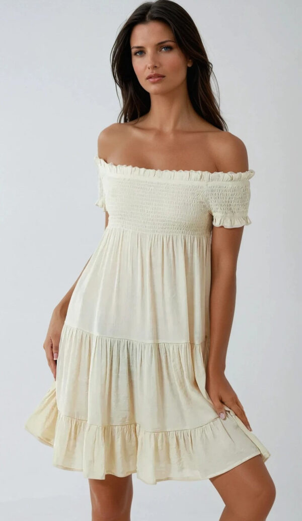 Beige Bardot Shirred Mini Dress - Image 3