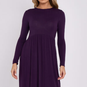 Purple Long Sleeve Gathered Waist Dress