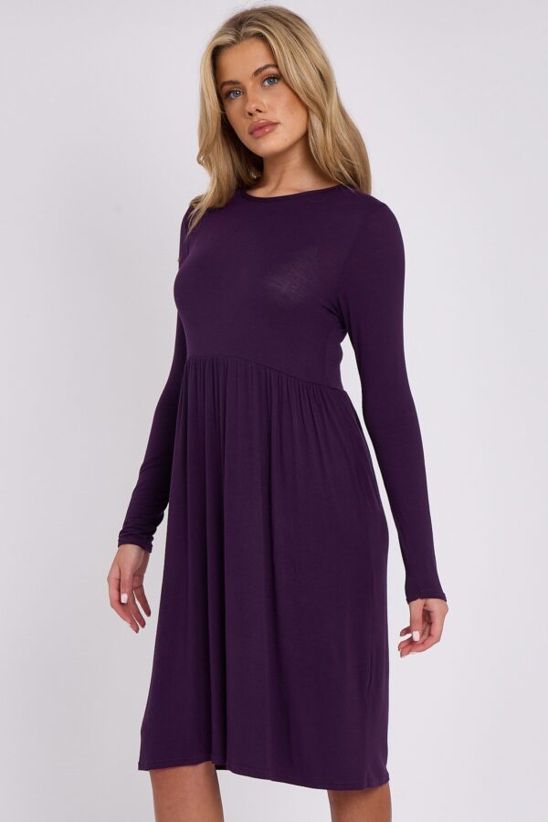 Purple Long Sleeve Gathered Waist Dress - Image 2