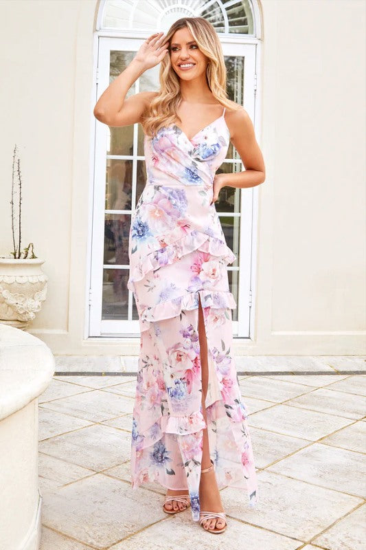Pink Floral Strappy Wrap Maxi Dress