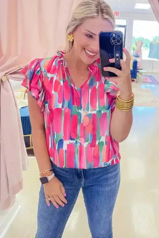 Abstract Brush Print Ruffled Sleeve Blouse - Image 5