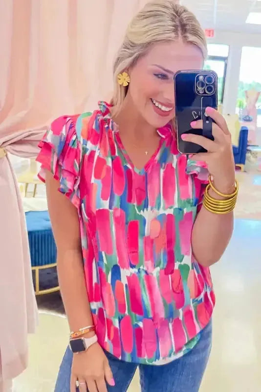 Abstract Brush Print Ruffled Sleeve Blouse - Image 4