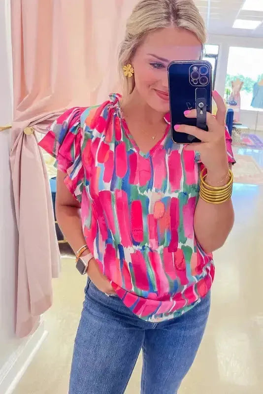 Abstract Brush Print Ruffled Sleeve Blouse - Image 3