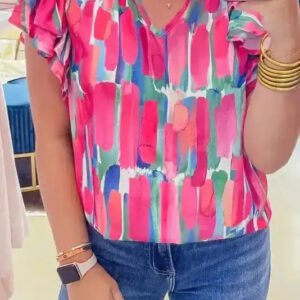Abstract Brush Print Ruffled Sleeve Blouse