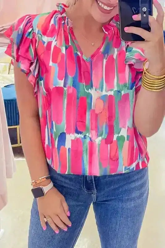 Abstract Brush Print Ruffled Sleeve Blouse