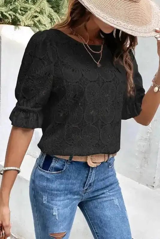 Black Flower Eyelet Jacquard Top - Image 3