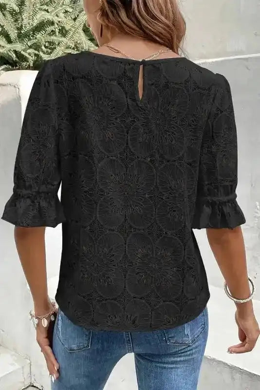 Black Flower Eyelet Jacquard Top - Image 2