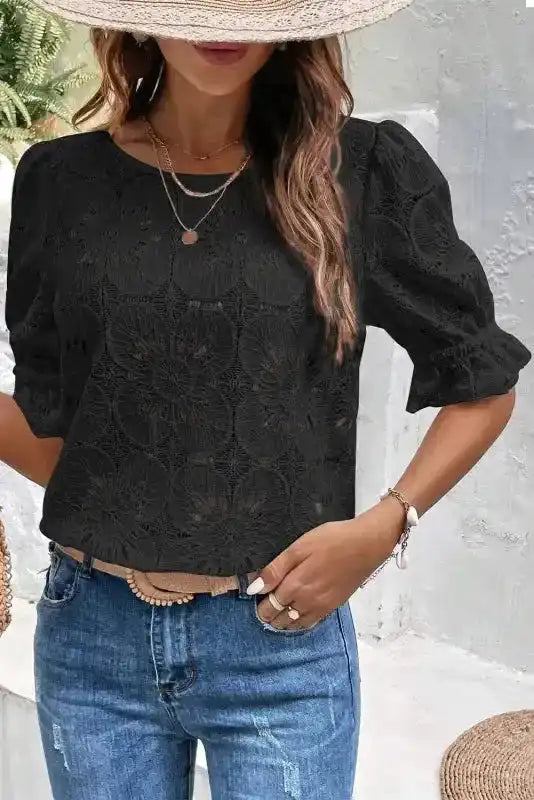 Black Flower Eyelet Jacquard Top - Image 7