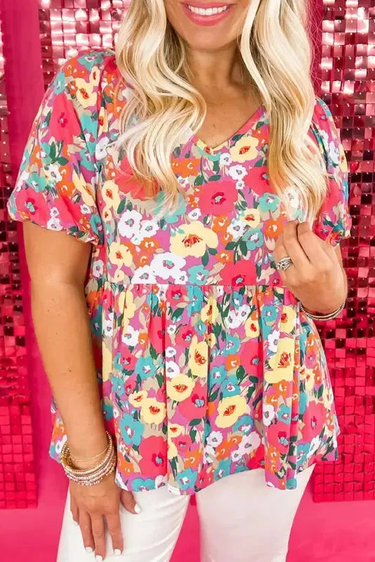 Boho Floral Short Puff Sleeve Blouse - Image 7
