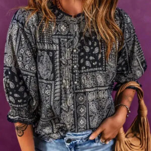 Boho Paisley Print Blouse - Navy Blue