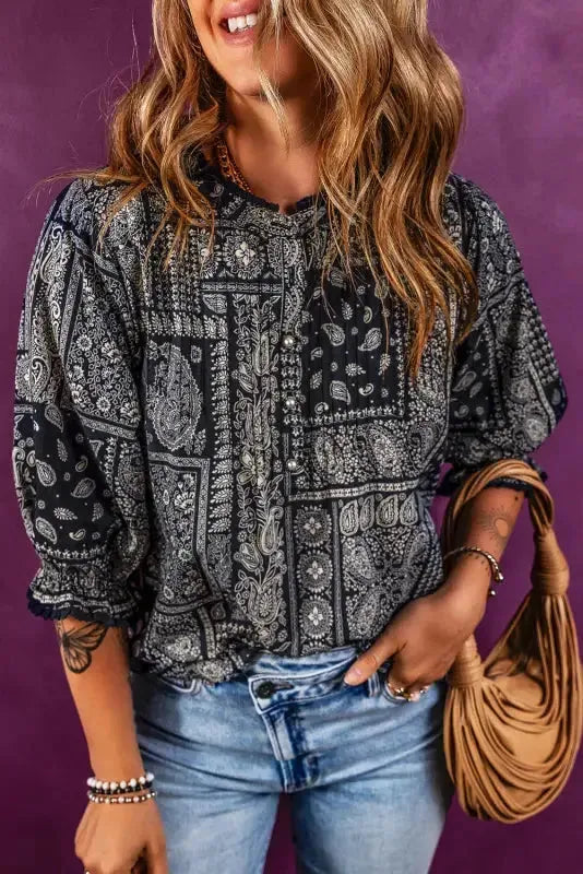 Boho Paisley Print Blouse - Navy Blue - Image 9