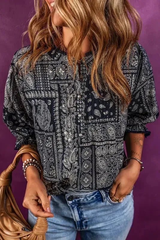 Boho Paisley Print Blouse - Navy Blue - Image 5