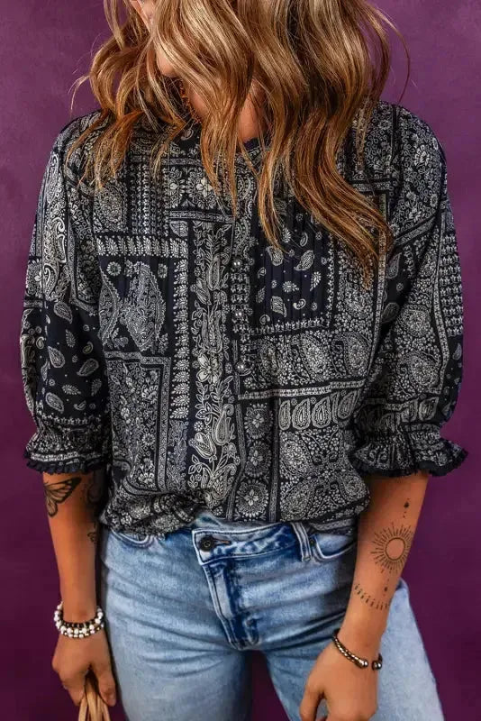 Boho Paisley Print Blouse - Navy Blue - Image 4