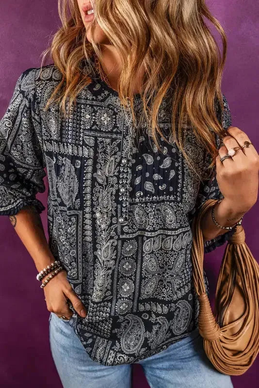 Boho Paisley Print Blouse - Navy Blue - Image 3