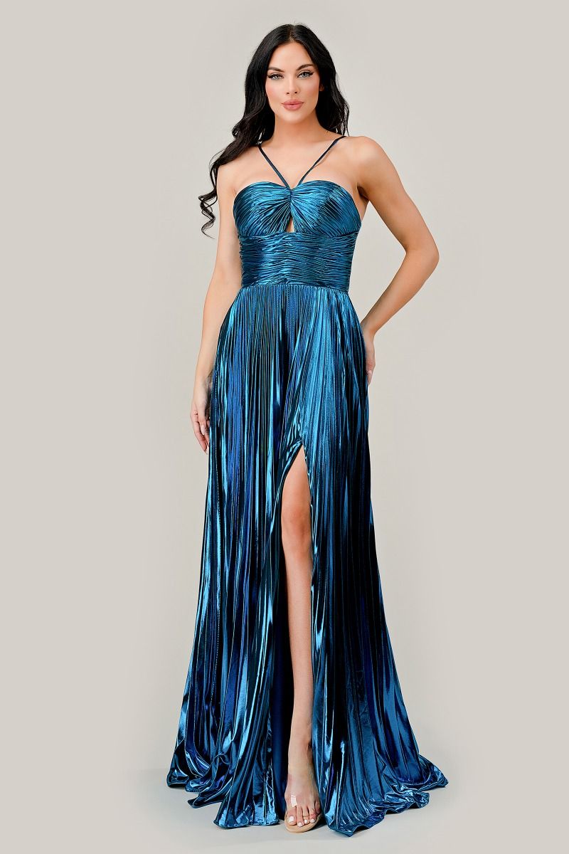 Halter Pleated Lame' Metallic A-Line Gown - Image 5