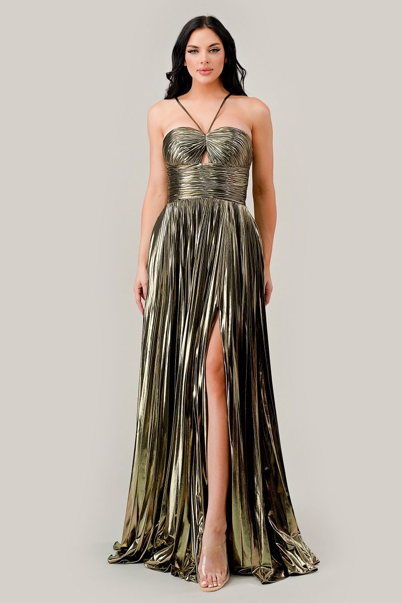 Halter Pleated Lame' Metallic A-Line Gown - Image 3
