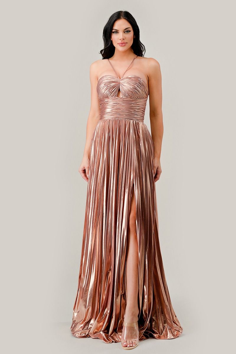 Halter Pleated Lame' Metallic A-Line Gown - Image 6