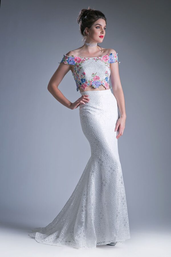 Two piece off the shoulder fitted dress with embroidered floral appliques and lace detailed skirt. - Image 4