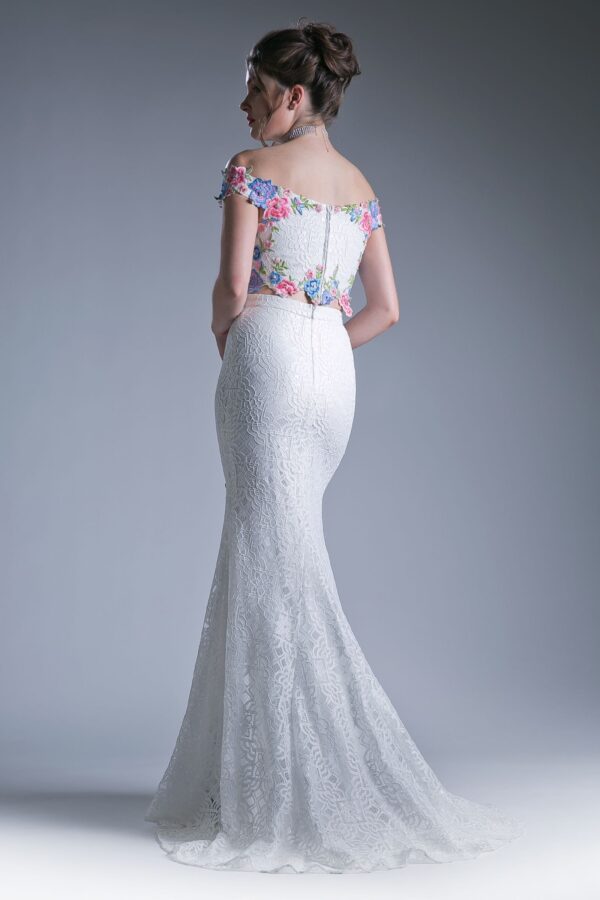 Two piece off the shoulder fitted dress with embroidered floral appliques and lace detailed skirt. - Image 2