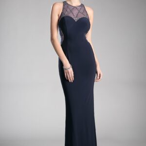 Fitted stretch jersey gown with beaded illusion details and sweetheart neckline.