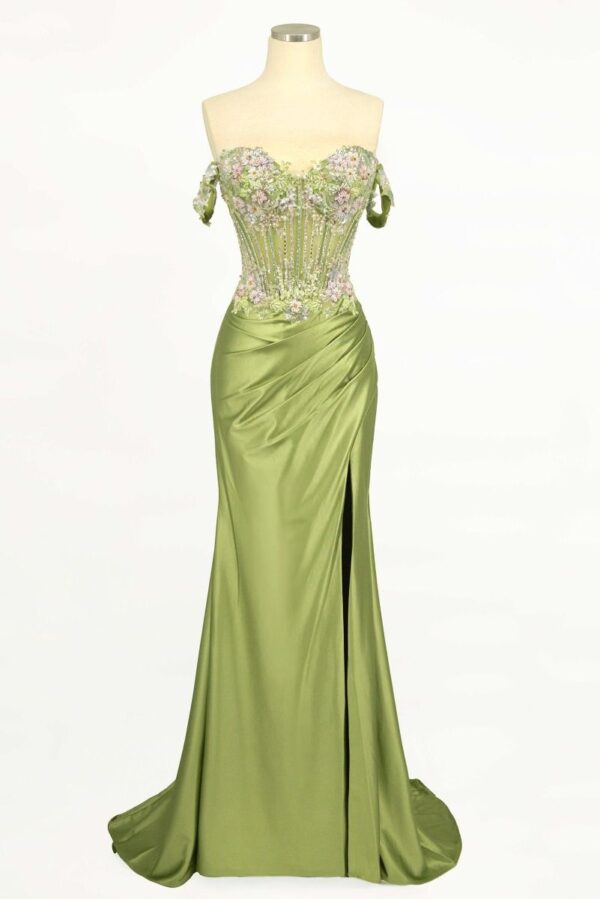 Off The Shoulder Floral Beaded & Satin Gown - Image 5