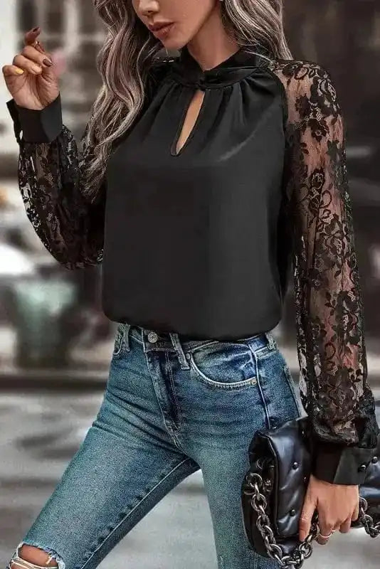 Lace Sleeves Blouse - Black - Image 3