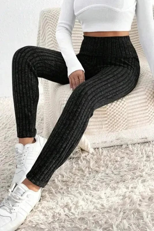 Wide Waistband Ribbed Textured Knit Leggings - Image 4