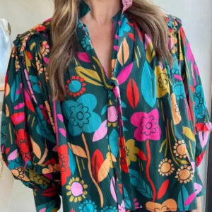 Floral Split Neck Puff Sleeve Blouse
