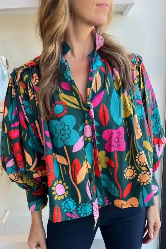 Floral Split Neck Puff Sleeve Blouse
