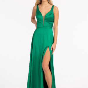 Satin V-Neck Sheer Side A-Line Long Dress