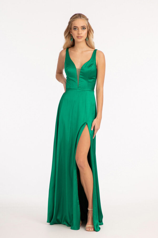 Satin V-Neck Sheer Side A-Line Long Dress - Image 22