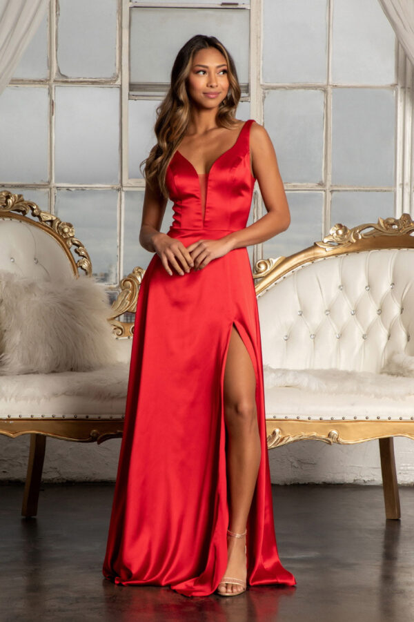 Satin V-Neck Sheer Side A-Line Long Dress - Image 39