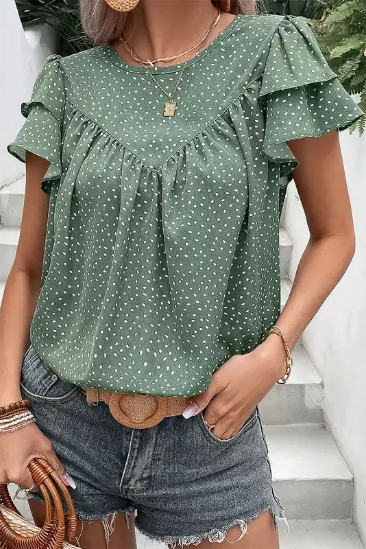 Laurel Green Dotted Ruffle Sleeve Blouse