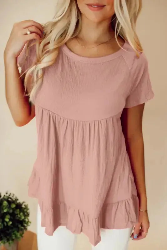 Pink Short Sleeve Ruffle Hem Top - Image 8