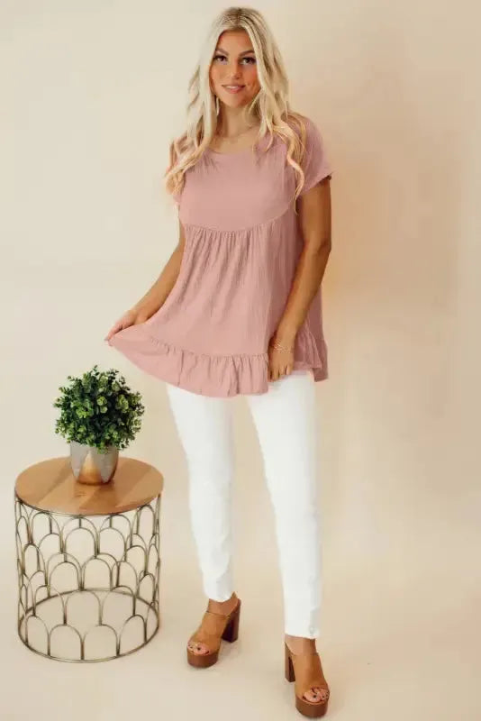 Pink Short Sleeve Ruffle Hem Top - Image 5