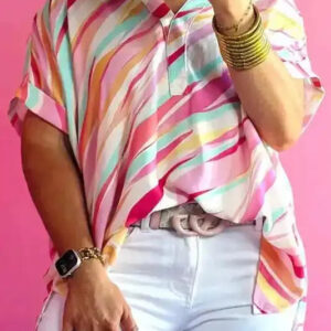 White Abstract Plus Size Top - Short Sleeve Notched Neck