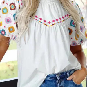 White Embroidered Puff Sleeve Blouse